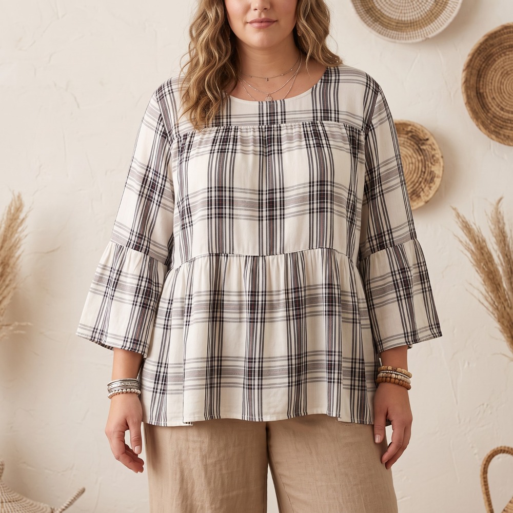 EVRI Plaid Tiered Babydoll Tunic Top Bell Sleeve Whimsigoth Fairy Grunge 3X